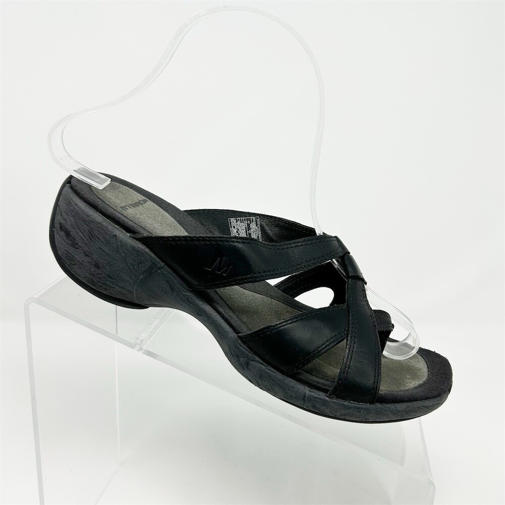 Merrell Women's Slide Sandals Black Wedge Heel Strappy Cushioned Slip On 6